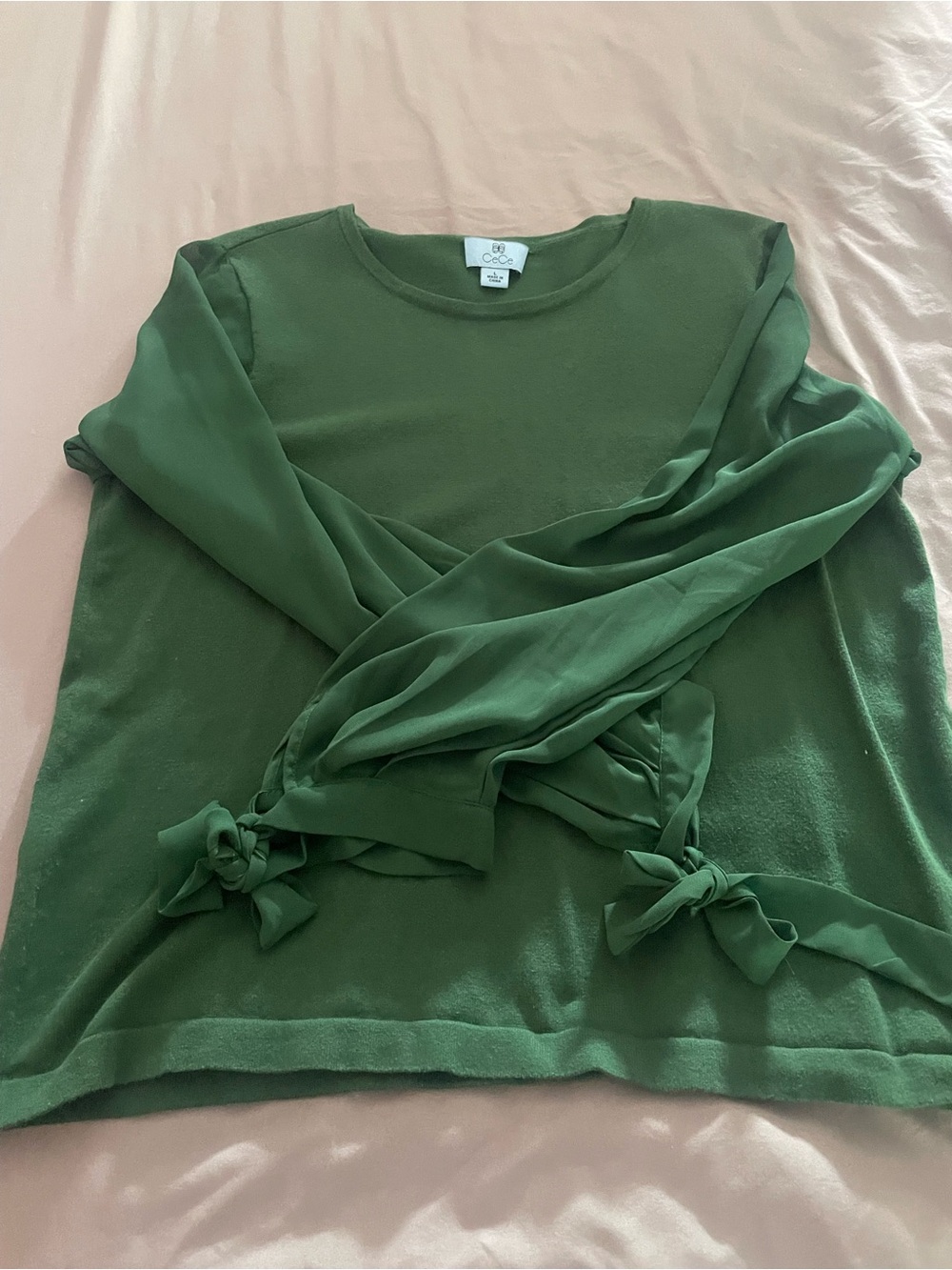 CeCe Olive Green Tie-Sleeve Long Sleeve Top
